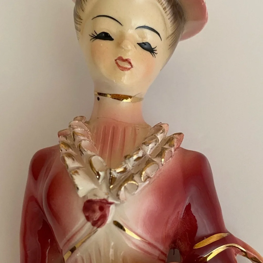 VINTAGE 10” Tall Victorian Lady Figurine Ruffled Accent Pink Dress Flower Basket
